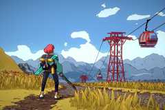 Luisa standing in a yellow field looking at the mountaintops in Dungeons of Hinterberg.