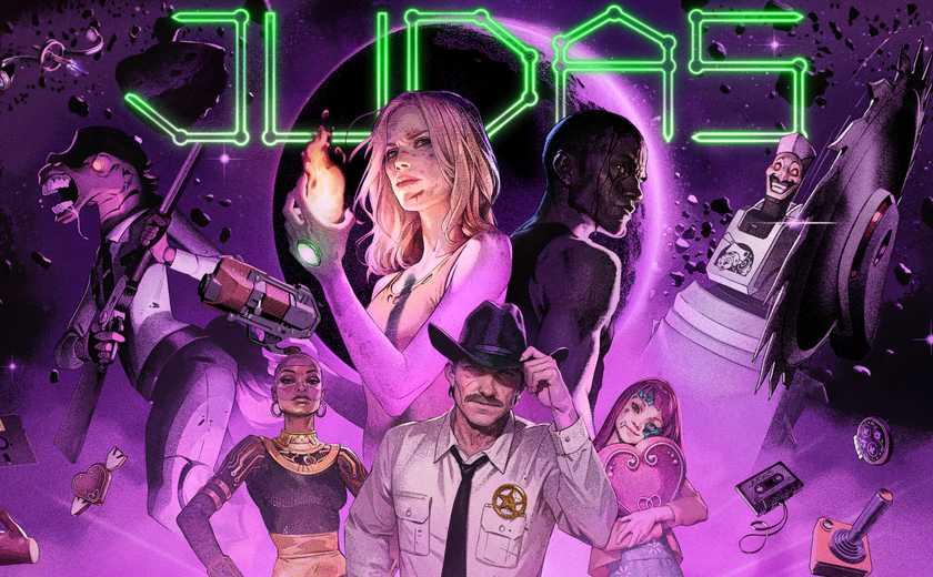 Key art for Judas, the next game by Ghost Ship Games and Ken Levine. It features the game's three possible arch villains, as well as the player character. 